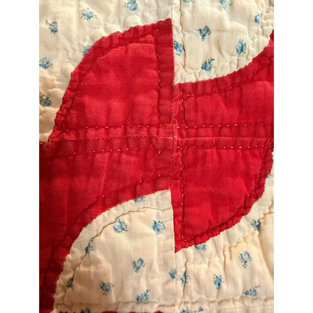 Vintage Handmade Hand Sewn Quilt Red White Blue Floral Cottagecore Farmhouse